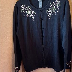 Designers Originals Black Cardigan with Pink Floral Embroidery large